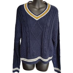 Garage | Woman's Navy Collegiate V Neck Cable Knit Yacht Club Sweater | Size XS